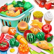 24 Pcs Cutting Pretend Play Food Toys for Kids Kitchen Set Playset Accessories BPA Free Peel \u0026 Cut Toy Food Fruits and Vegetables Toys, Christmas Birthday Gift for Girls Boys Kids Storage Basket